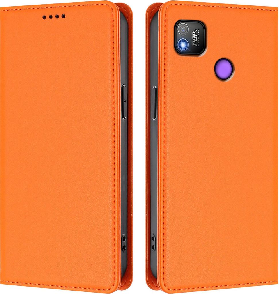 Handyhülle für Tecno Pop 4, Kunstleder Klapphülle Stoßfeste Magnetische Hülle mit Ständer Orange