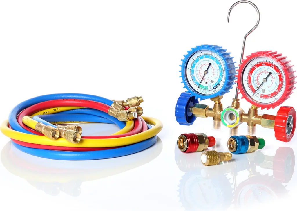 Kit Manifold 2 Voies avec Manomètre et 3 Tuyaux pour R134a R12 R22