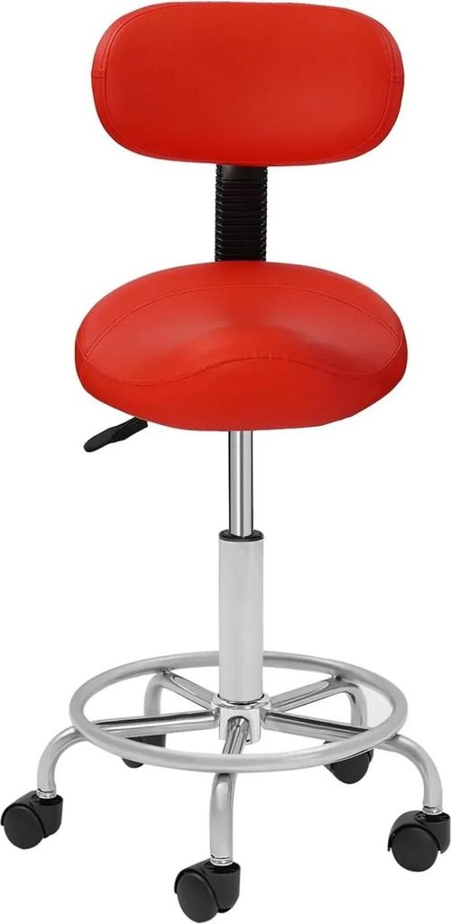 Arbeitsstuhl - Sattelstuhl mit Rückenlehne - Mit Rollen - Höhenverstellbar - 360° Drehbar - Ergonomisch - Tragkraft 150 kg - Rot