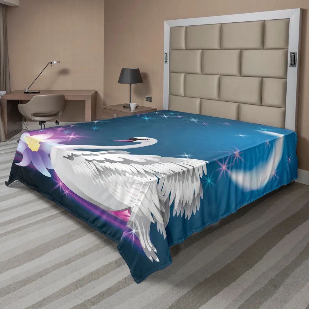 Drap de Lit Supérieur Doux Motif Cygne et Lune, Microfibre Respirante Bleu