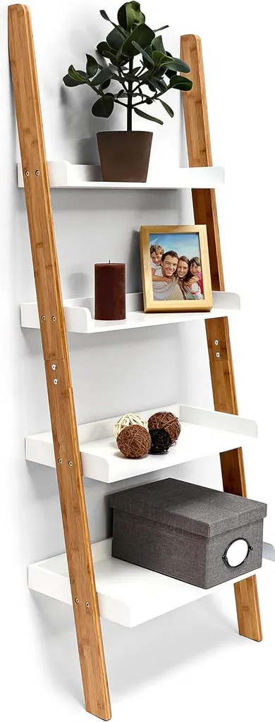 Étagère porte-plantes en bambou style échelle avec 4 niveaux blanc et bois