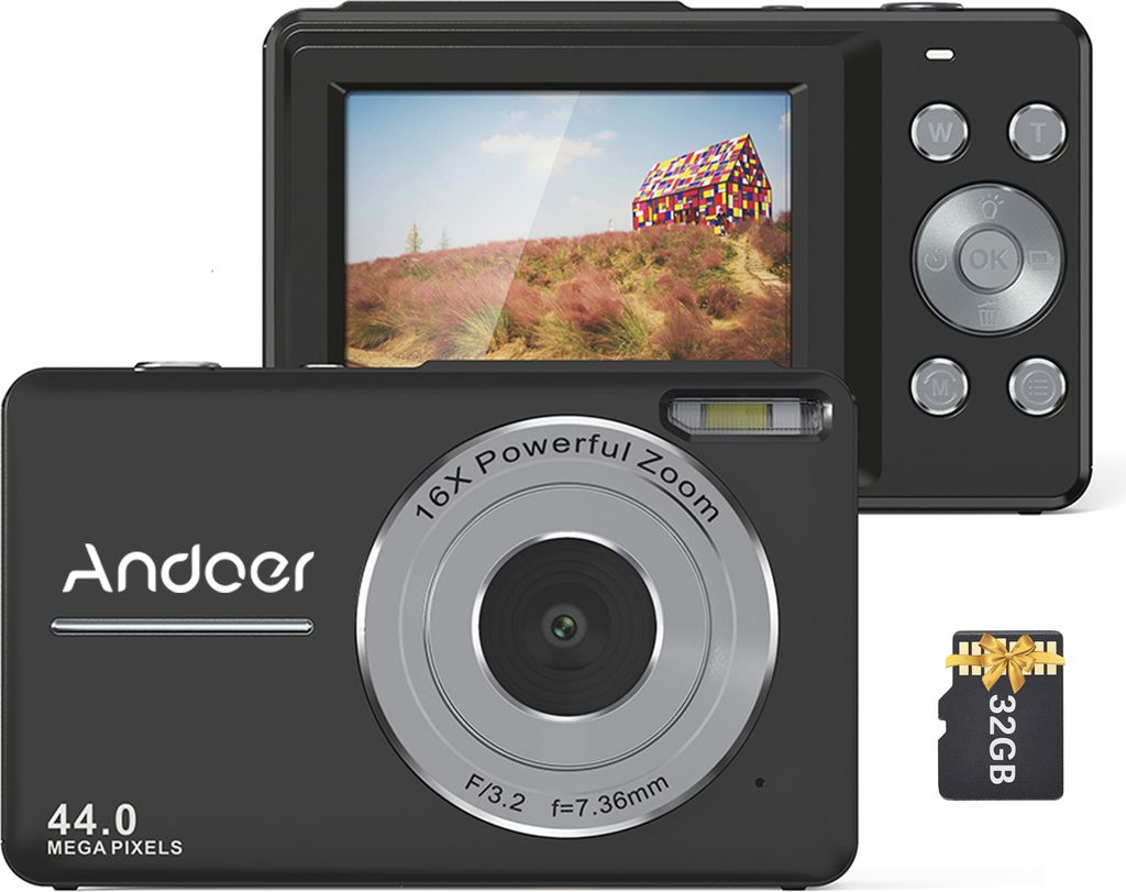 Andoer tragbare 1080P-Digitalkamera, Video-Camcorder, 44 MP, Autofokus, 2,5-Zoll-IPS-Bildschirm, 16-facher Digitalzoom, Verwacklungsschutz, Gesicht...