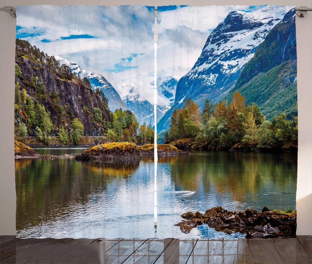 Rideau décoratif montagne enneigée 280x225 cm avec crochets de fixation