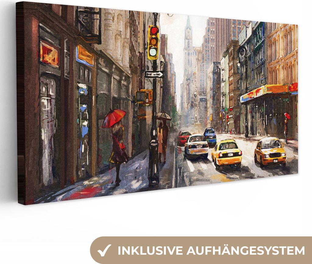 MuchoWow - Leinwandbilder - Gemälde - Stadt - Auto - Öl, Wandbild, Wanddeko Bilder Wohnzimmer, 80x40 cm