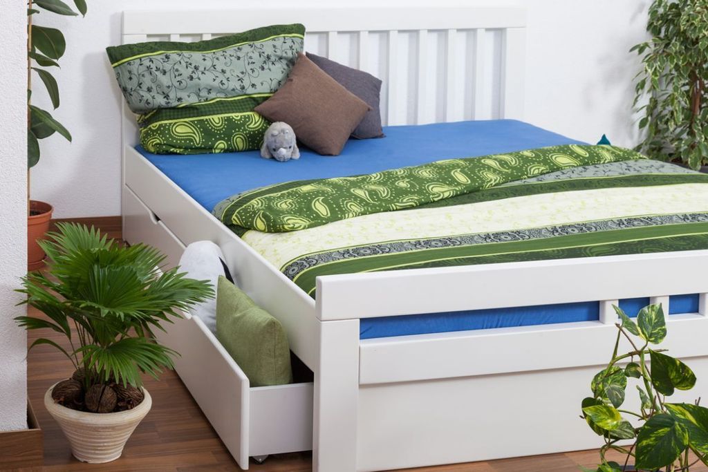 Weißes Buche Bett mit Schubladen 180 x 200 cm Weiß massiv