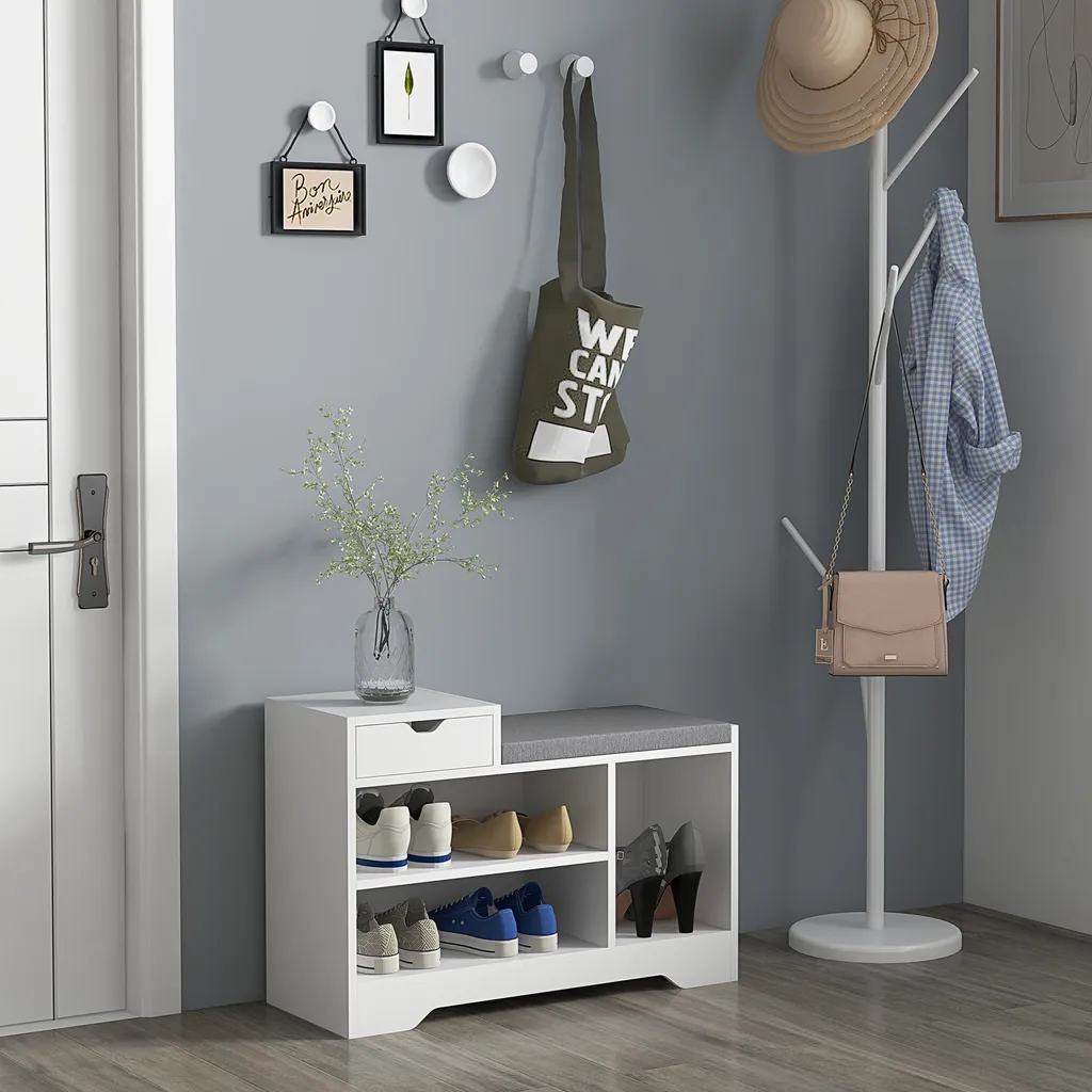 Banc de rangement d'entrée meuble à chaussures blanc avec coussin - 2