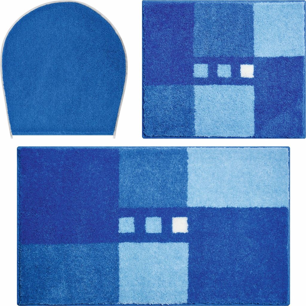 Grund Badteppich Merkur - Premium Design Badematte, Farbe:Blau, Größe:Set 3tlg Deckel. 40x50+50x80