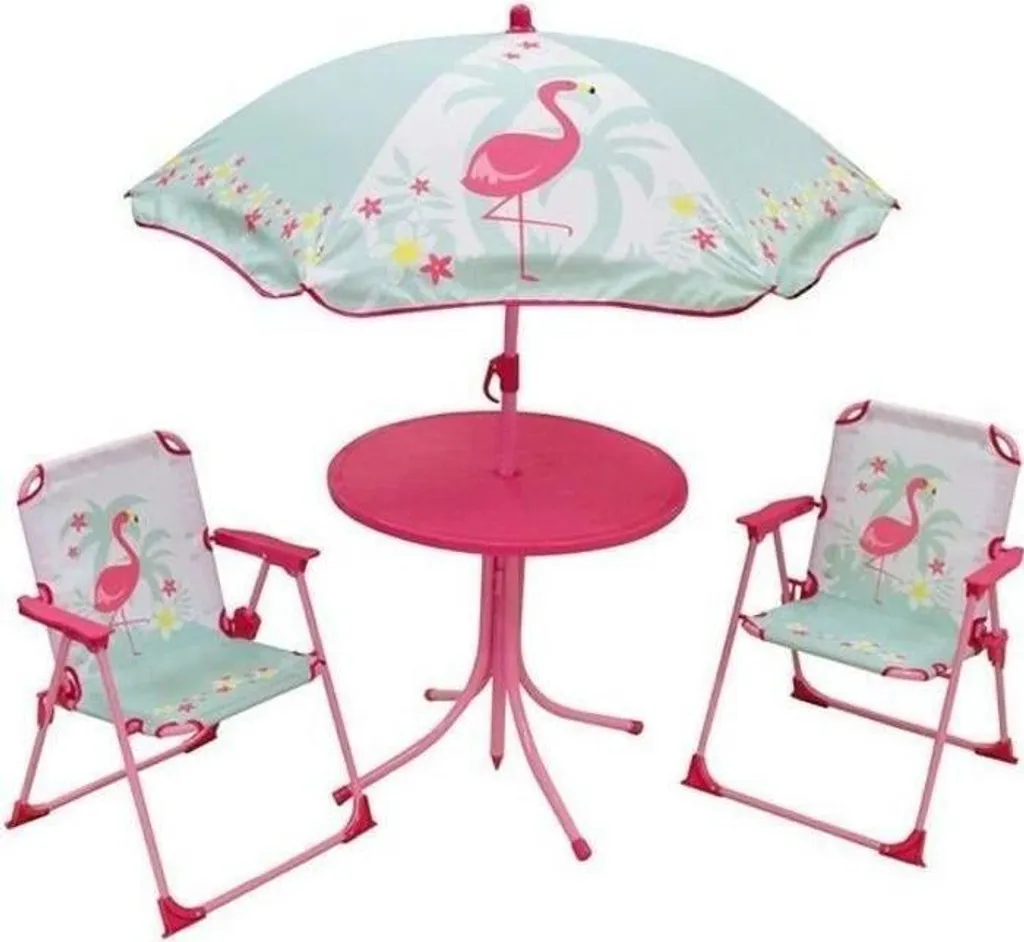 Set Giardino Bambini Fenicottero Rosa con Tavolo Sedie e Ombrellone