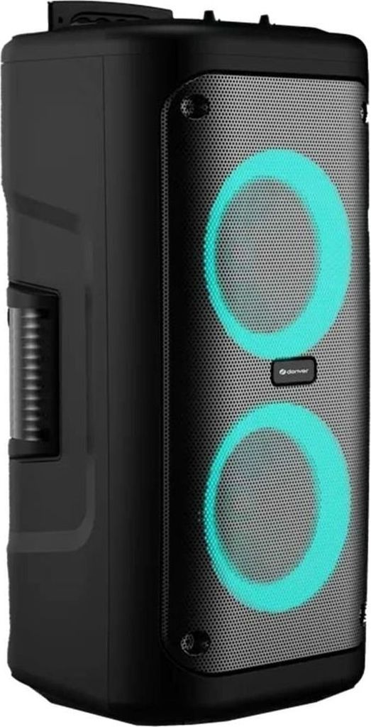 A black trolley speaker with two illuminated aqua rings.