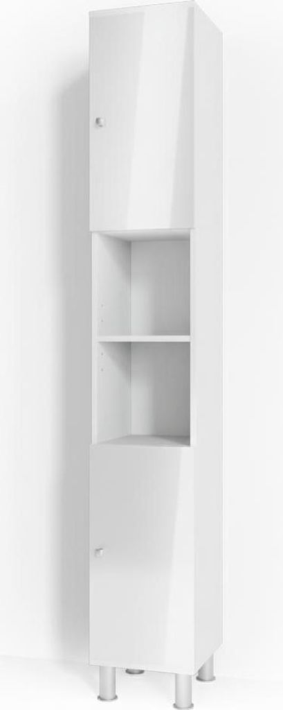 A tall, narrow white cabinet with two doors and two open shelves.
