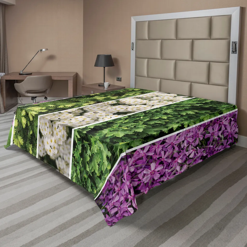 ABAKUHAUS Lenzuolo con fiori, collage misto di erbe aromatiche e bouquet di fiori, design romantico, lenzuolo morbido e confortevole per un letto decorativo, 1 pezzo, 275 cm x 260 cm, viola e verde