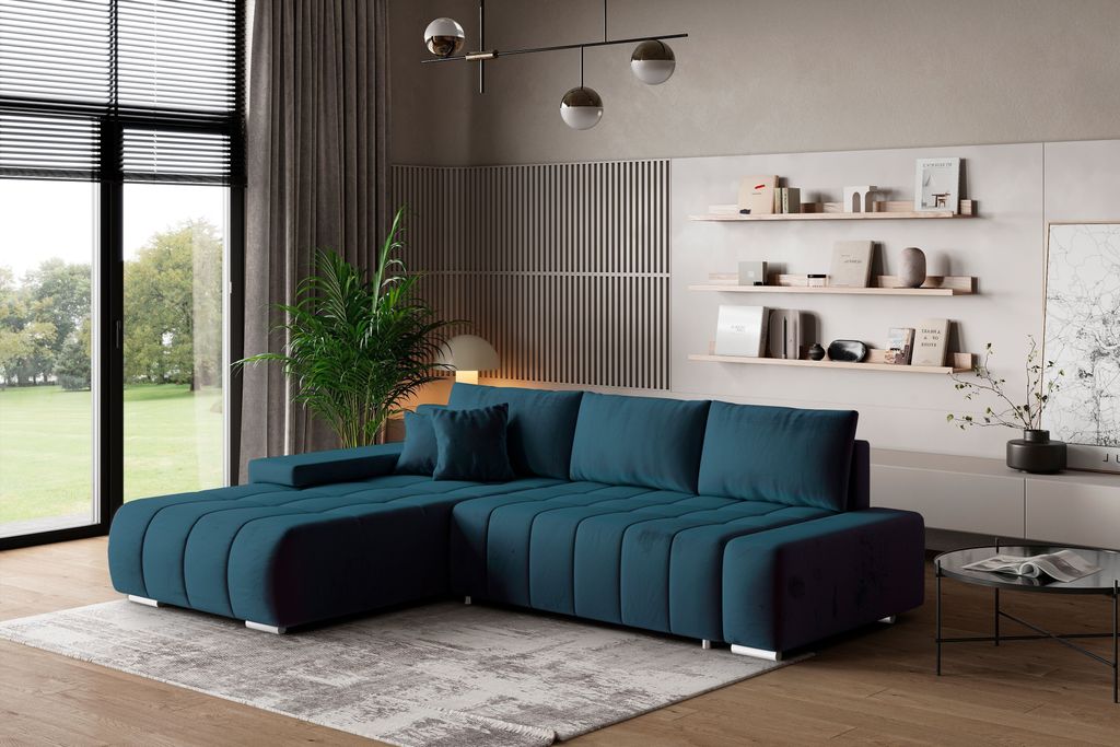 Masseno Ecksofa ALESE L-S mit Schlaffunktion L-Form, Sofa mit Bettkasten, Wohnzimmersofa, Couch, Soffa, Bettsofa, Couchgarnitur- Blau, MONOLITH 77