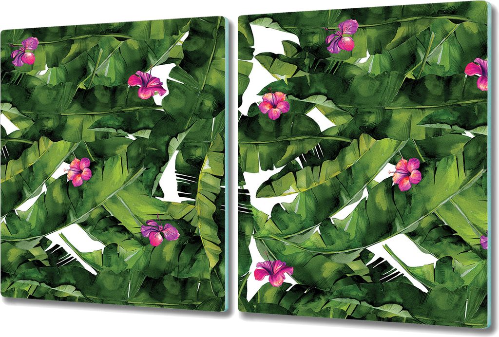 Glas-Herdabdeckplatte Glaskeramikkochfeld-Abdeckung Spritzschutz - 2x 40x52 cm - Flamingo und Blätter