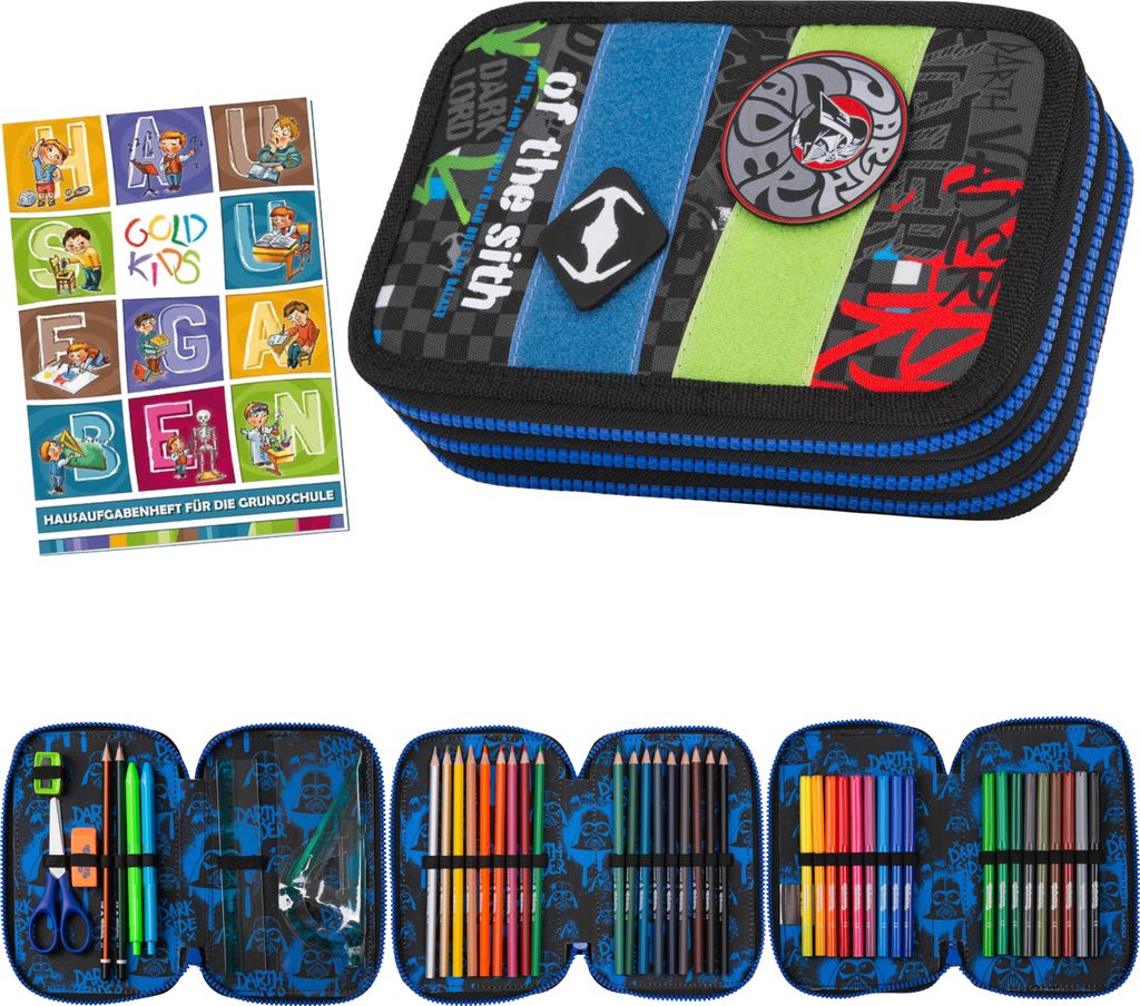 Federmäppchen 3 Fächer - Mäppchen für Mädchen und Jungen - Federmappe 3-Fach Federtasche Gefüllte Schüleretui 46-teilig Star Wars