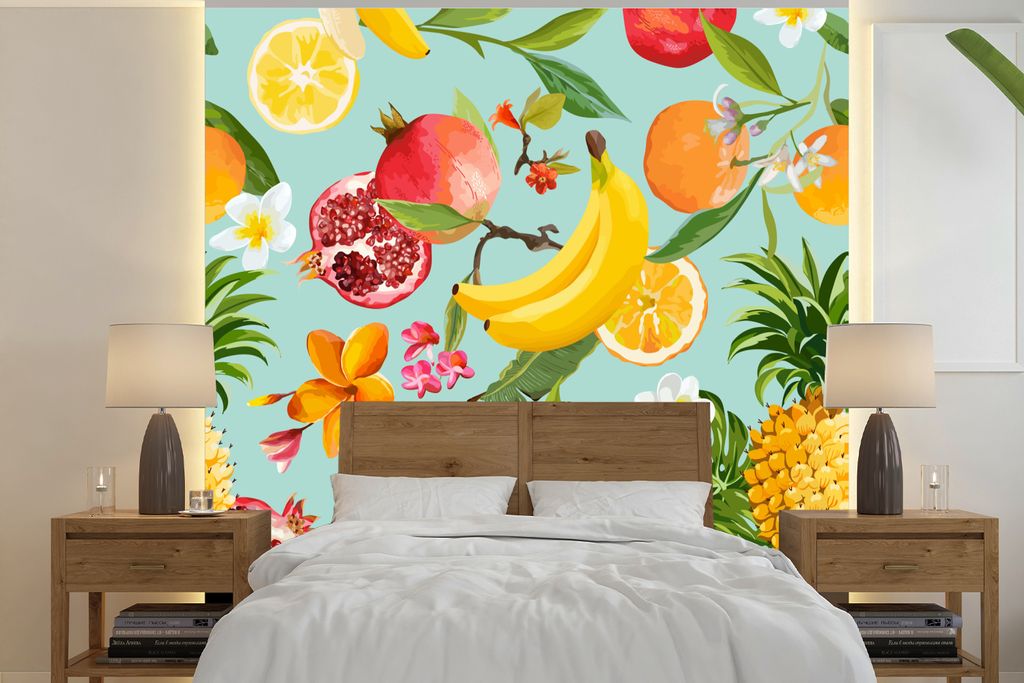 MuchoWow Fototapete für Wohnzimmer oder Schlafzimmer Wandtapete Vinyl Motivtapete Obst - Tropisch - Grün - 260x260 cm - Papiertapeten