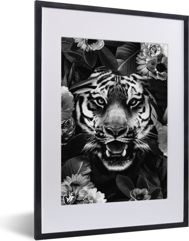 MuchoWow Gerahmtes Poster Tigerkopf zwischen Blumen - schwarz und weiß 30x40 cm - Poster mit Schwarzem Bilderrahmen Wandposter Rahmen Foto Bilde...