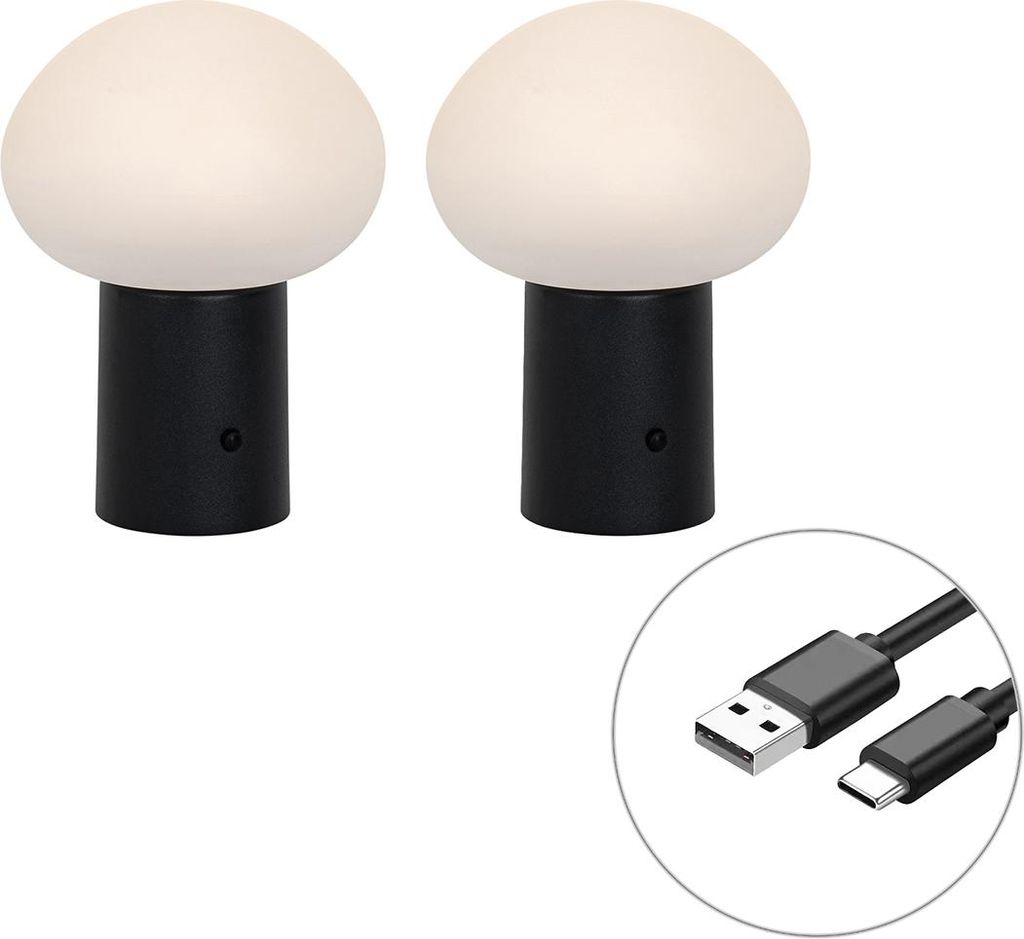 Qazqa Design außen Aufladbare Lampe für den Garten - Louise - Schwarz, 22cm, IP44, Rund, Im 2er-Set.