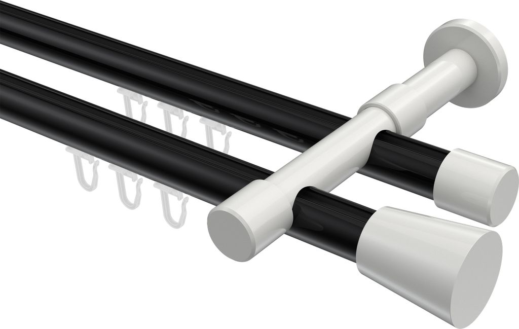 Interdeco Innenlaufstange / Gardinenstange mit Innenlauf Schwarz / Weiß, Typ Prestige Sitra (Konus), 20 mm Ø 2-läufig, 180 cm