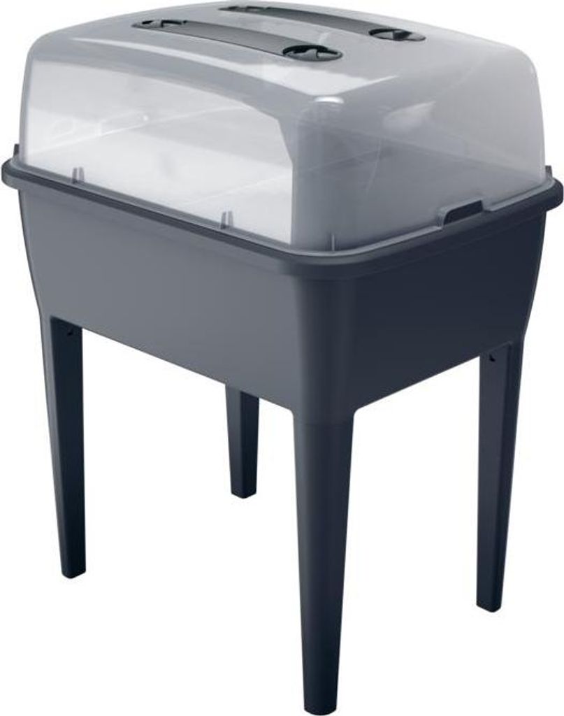 A dark gray raised planter box with a transparent lid and handles, shown on a white background.