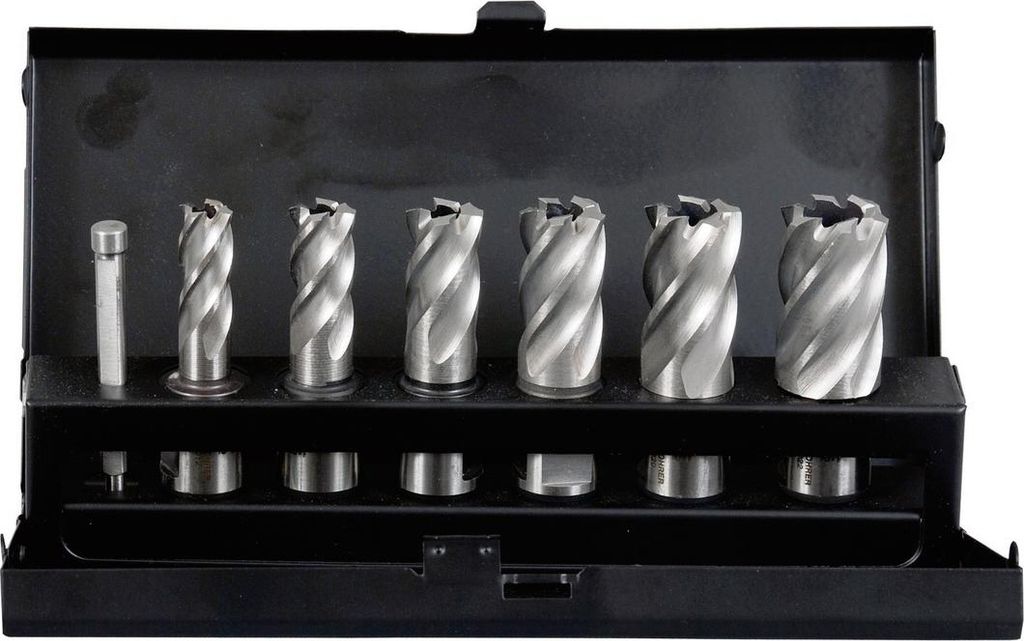 Projahn Kernbohrer in Stahlblechkassette HSS-Co 8% 7-tlg.. Ø 12/14/16/18/20/22 mm, 1 x Führungsstift