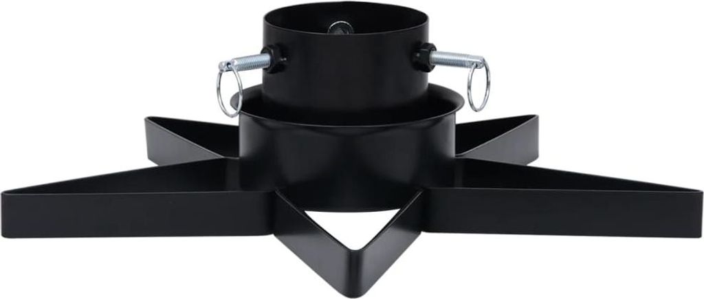 A black metal Christmas tree stand with a star-shaped base and a central tube for the tree trunk.