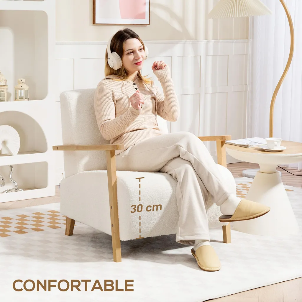 Fauteuil de salon tissu bouclé blanc crème et structure robuste bois - 3