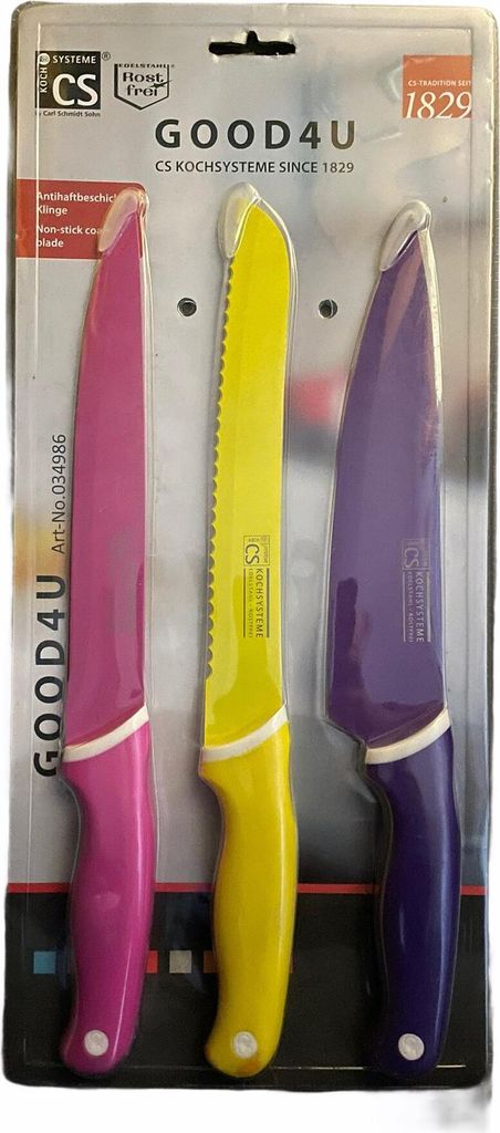 CS Kochsysteme Messer-Set, Antihaft-Messer Set Good4u, Kochmesser (lila), Fleischmesser (pink), Brotmesser (gelb) ca. 20 cm Klingenlänge