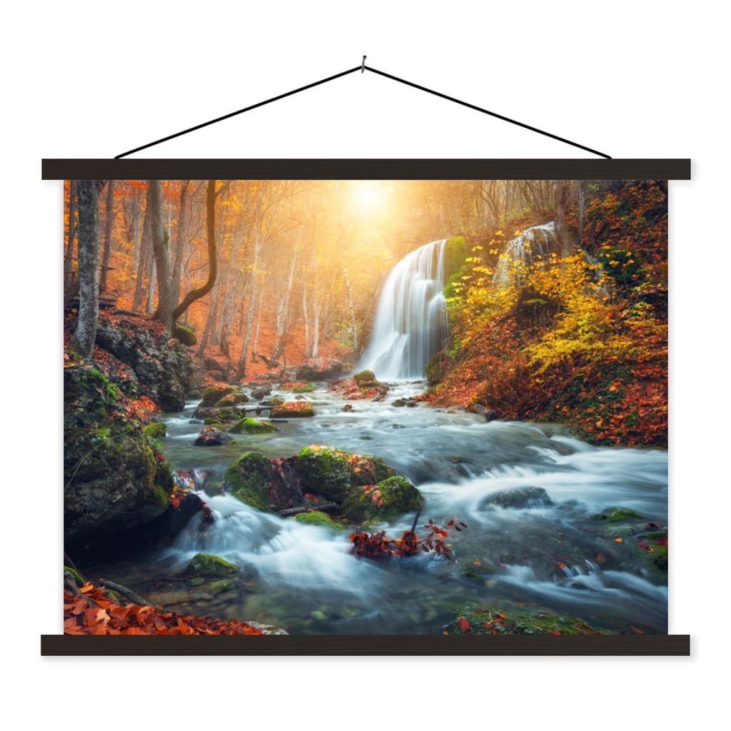MuchoWow Textilposter Wasserfall - Sonne - Herbst 120x90 cm mit schwarzem Rahmen - Aufhänger für Poster
