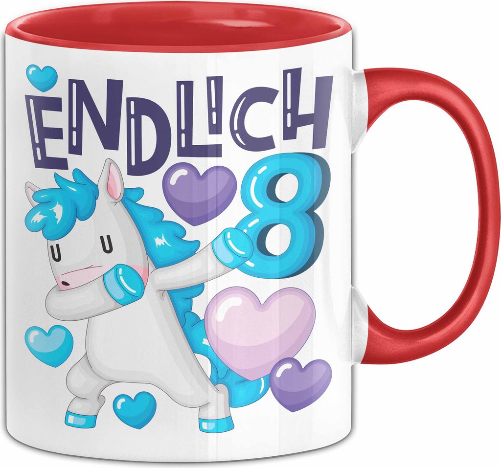 8. Geburtstag Geschenk Tasse Becher Mädchen Einhorn Geburtstagsgeschenk Tochter Endlich 8 (Rot)