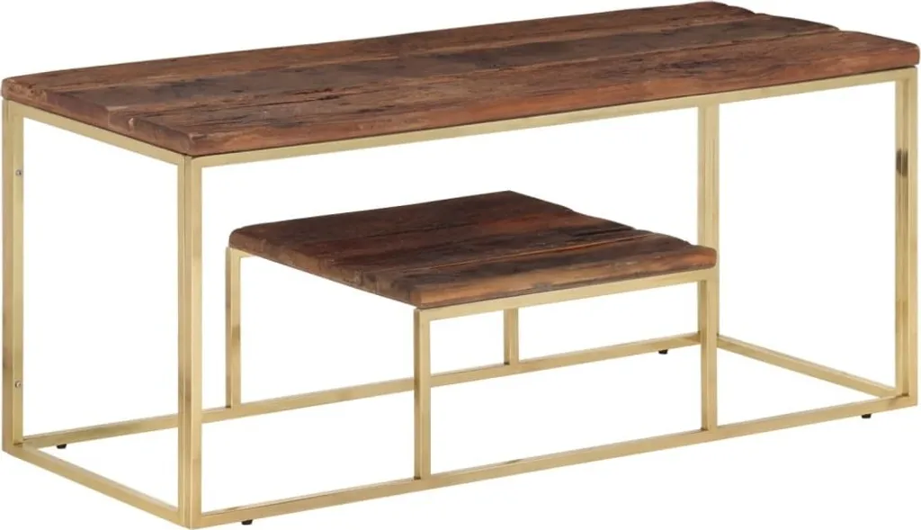 Tavolino Acciaio Inox Dorato e Legno Massiccio - Arredo Lusso Moderno