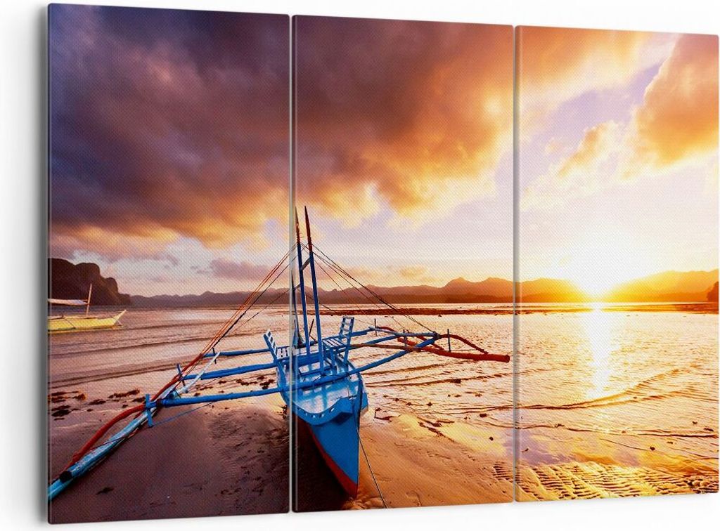 Bild auf Leinwand - Leinwandbild - Ufer Boot Strand - 165x110cm - Wand Bild - Wanddeko - Leinwanddruck - Bilder - Kunstdruck - Wanddekoration - Lei...