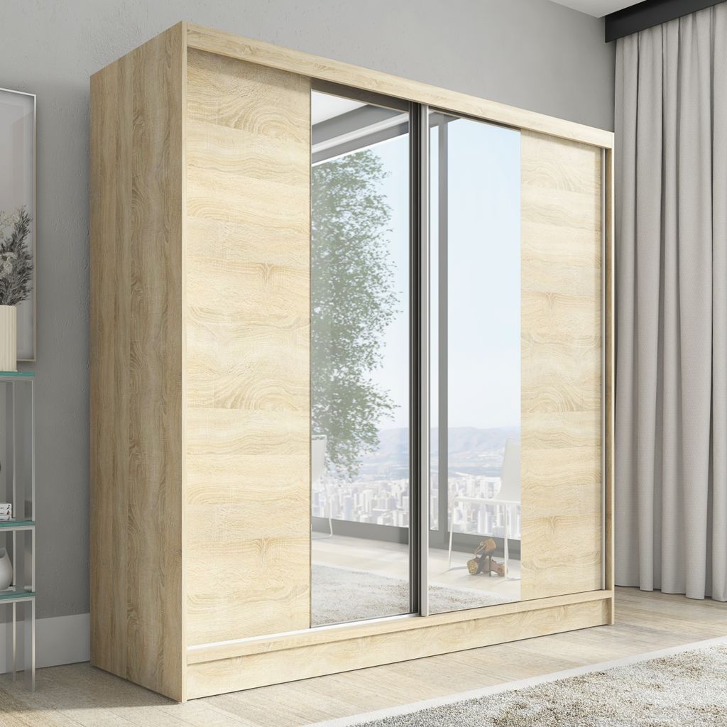 Schwebetürenschrank, 2-türig Schrank mit Spiegel DUO 200 (Weiß, Schwarz, Somona)