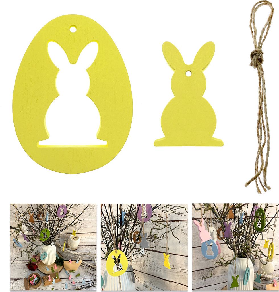 Oblique Unique Holz Osterei und Osterhase Anhänger Hängedeko für Osterstrauß Deko aus Echtholz für Ostern Basteln - gelb