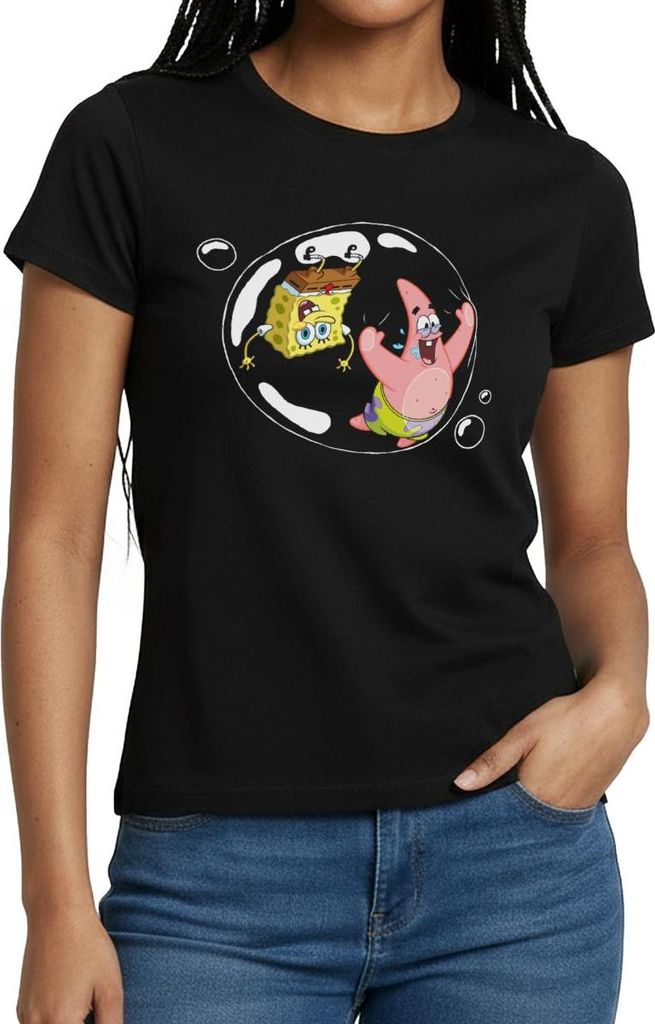 Spreadshirt Spongebob Schwammkopf Mit Patrick In Einer Blase Frauen T-Shirt, XXL, Schwarz