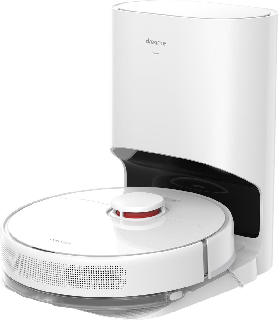 A white robot vacuum cleaner with a self-emptying base is shown against a white background.