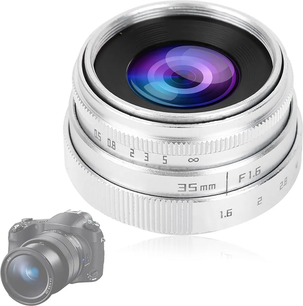 Objectif CCTV 35mm F1.6 monture C argent pour hybride Sony NEX et M4/3