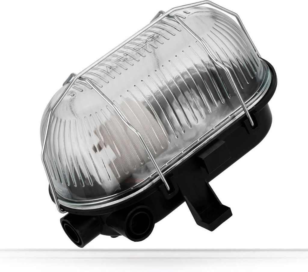 A black and clear outdoor light fixture with a metal cage.