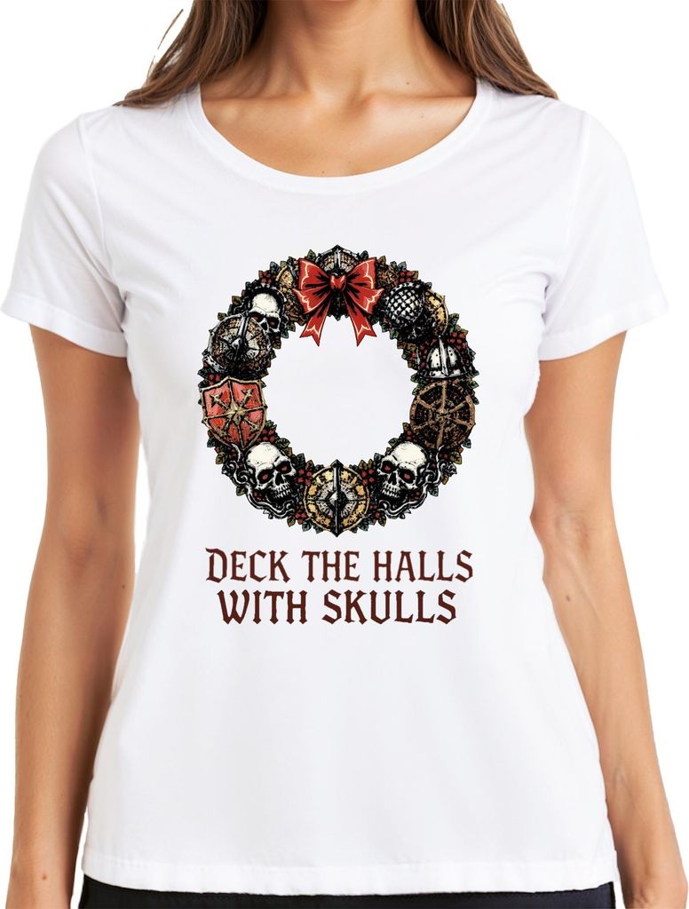 Deck The Halls With Skulls Totenkopf Weihnachtskranz düster Damen T-Shirt, Weiß, L