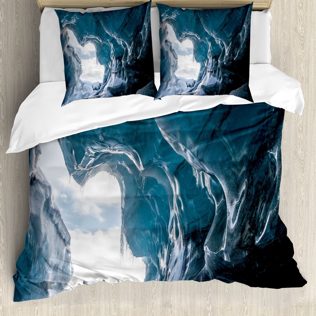 ABAKUHAUS Höhle Bettbezug, Vatnajökull in Island, Milbensicher Allergiker geeignet mit Kissenbezügen, 155 cm x 220 cm - 80 x 80 cm, Koksgraue Bl...