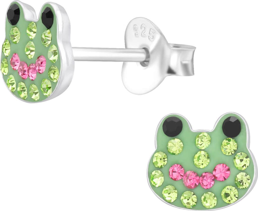 Kinder Ohrringe Ohrstecker 925 Sterling Silber Froschkopf mit Kristallen