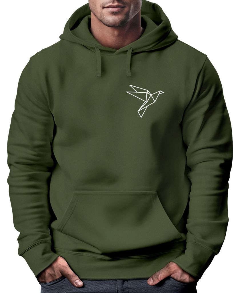 Hoodie Herren Print Aufdruck Vogel Origami Polygon Brustprint Logo Fashion Streetstyle Neverless oliv XS