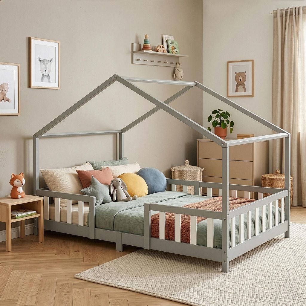 Lit bébé "Treviolo" au style maison, avec barrière de Image du produit 