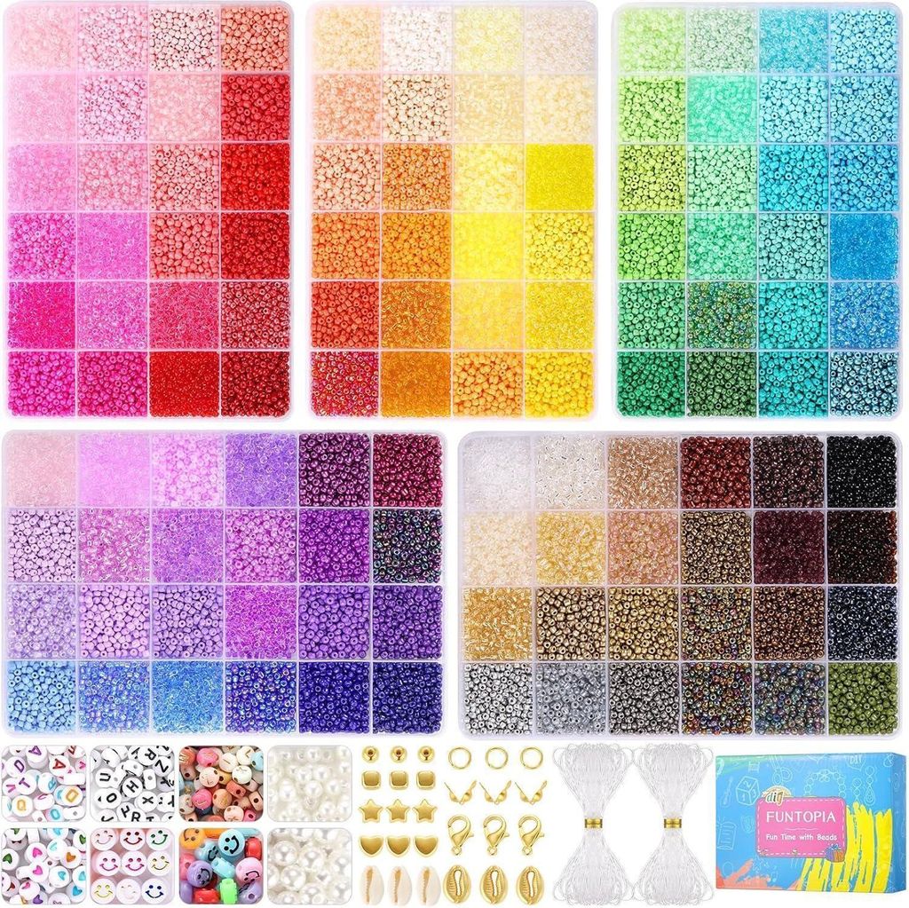 A collage of various bead sets and jewelry making accessories.