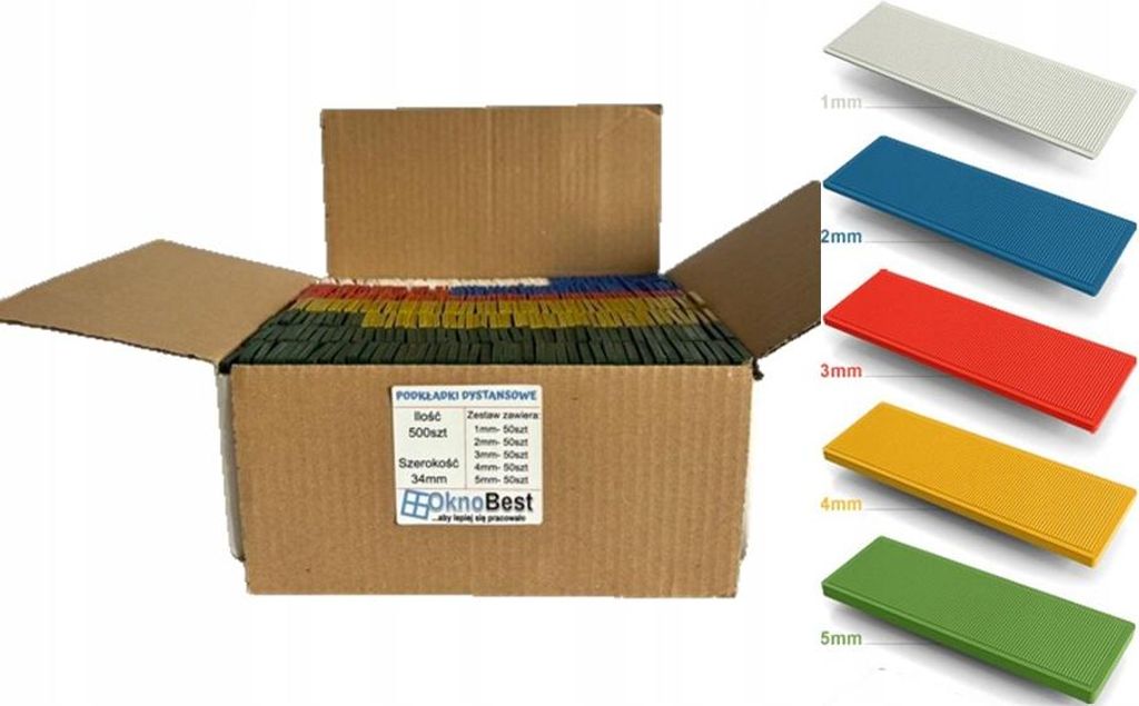 Gemischte Distanzscheiben, Montagekeile für Fenster 34 mm von 1 mm bis 5 mm 500 Stück