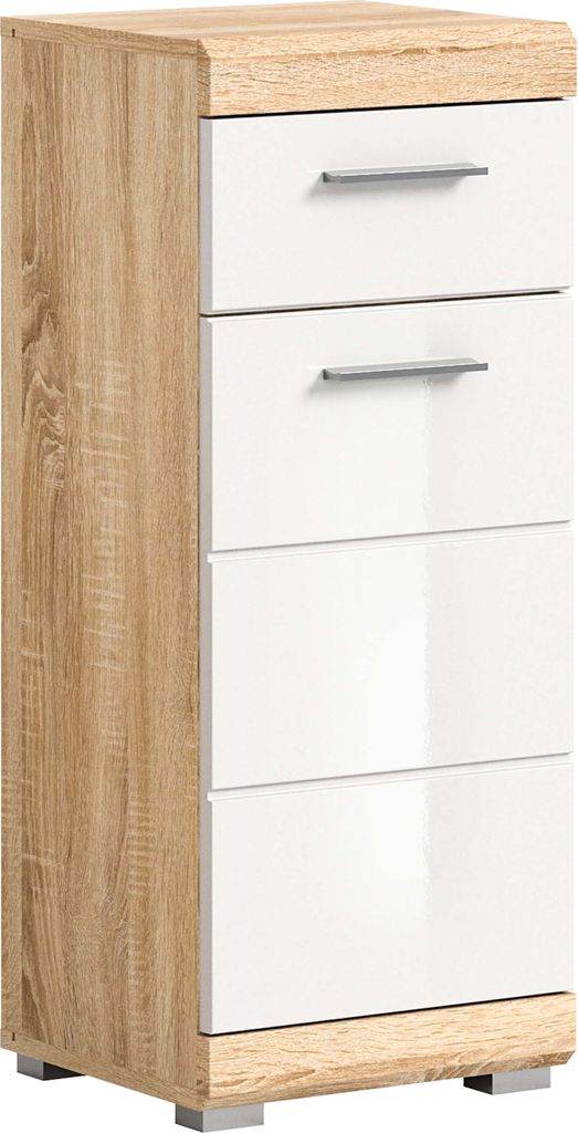 Lambada Badschrank 1 Tür, 1 Schublade Hochglanz weiß,Eiche Nachbildung.