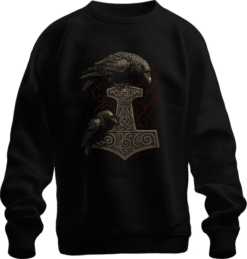 Thorshammer mit Raben nordische Mythologie Wikinger Runenkunst Uni Sweatshirt Pullover, Schwarz, XXL