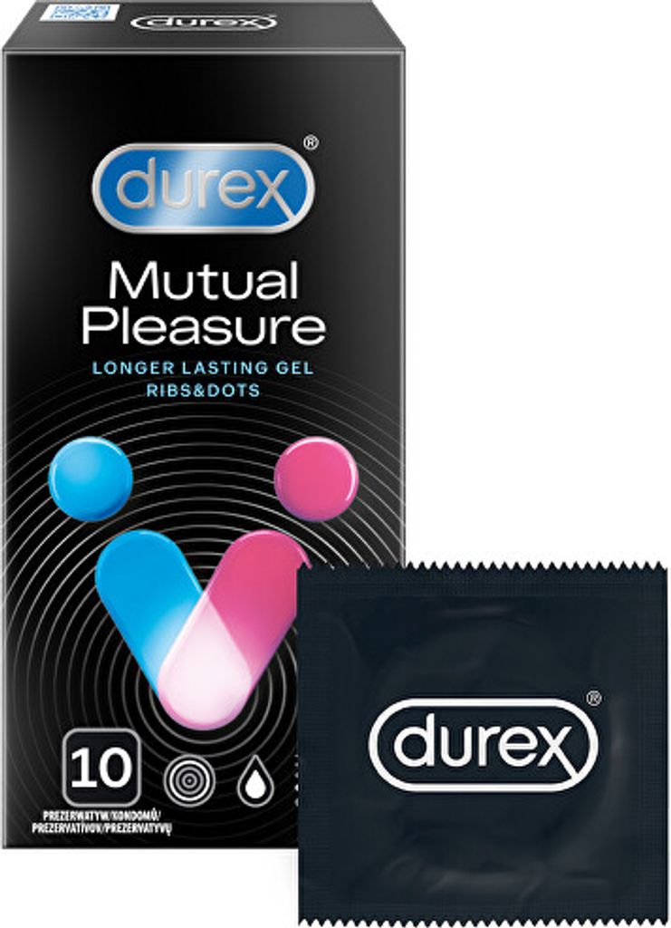 A box of Durex Mutual Pleasure condoms and one individual condom wrapper.