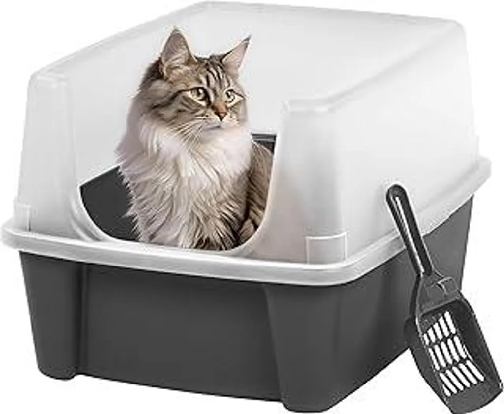 Iris Ohyama Lettiera con paletta, fino a 7 kg, grigia, aperta, senza coperchio, toilette per gatti, bordo alto rimovibile, per gatti di grossa taglia, gattini, toilette, toilette XXL, senza BPA, Cat Litter Box, CLH-12 - 1
