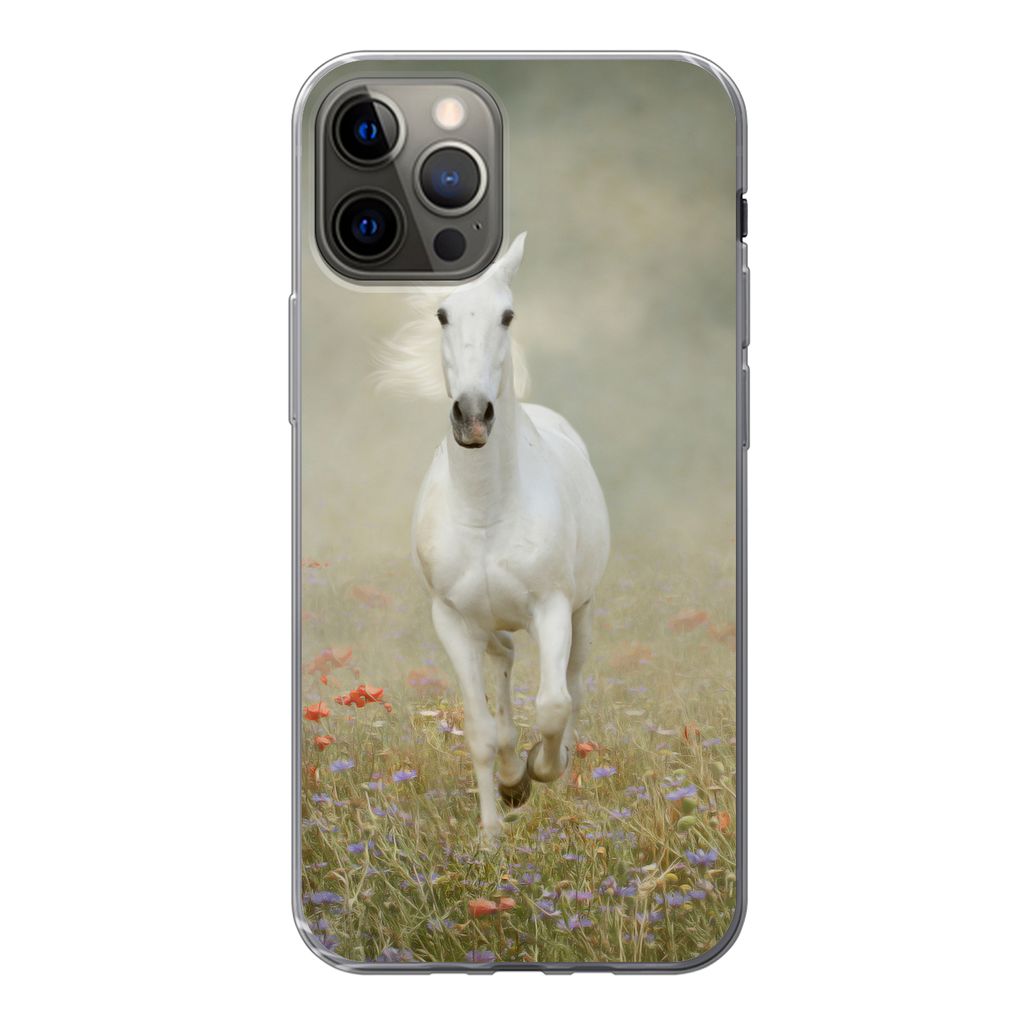 MuchoWow Handyhülle Schutzhülle Hülle für iPhone 13 Pro Pferd - Stoff - Blumen Silikon Softcase Handy Hülle - Handy-Tasche