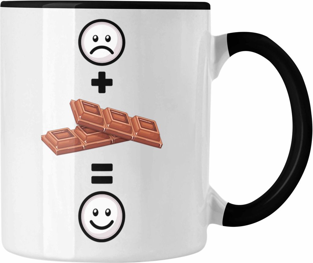 Trendation - Schokolade Tasse Geschenk für Schoko-Liebhaber Lustige Geschenkidee :( + Schokolade = :) Geburtstag (Schwarz)